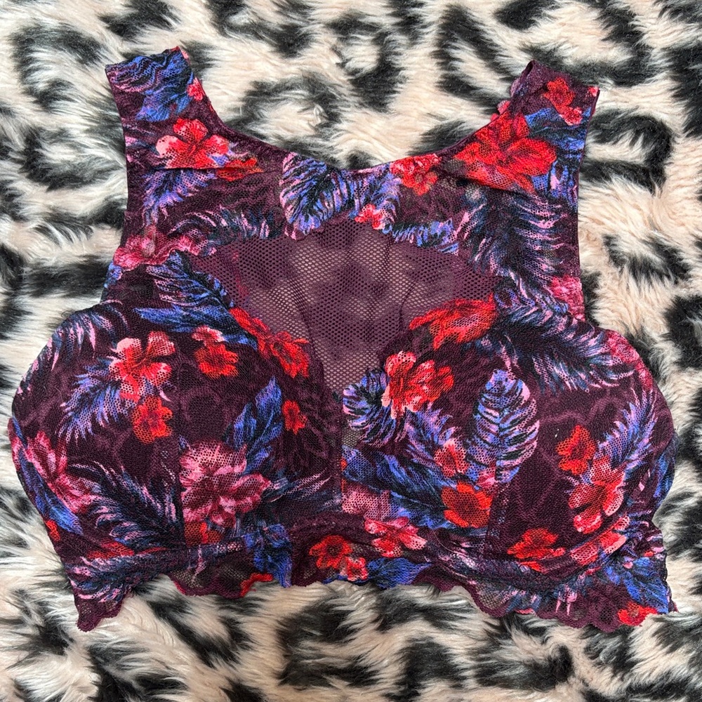 PINK Victoria's Secret Purple Blue and Pink Floral Lace Bralette w/ Mesh - Picture 1 of 10